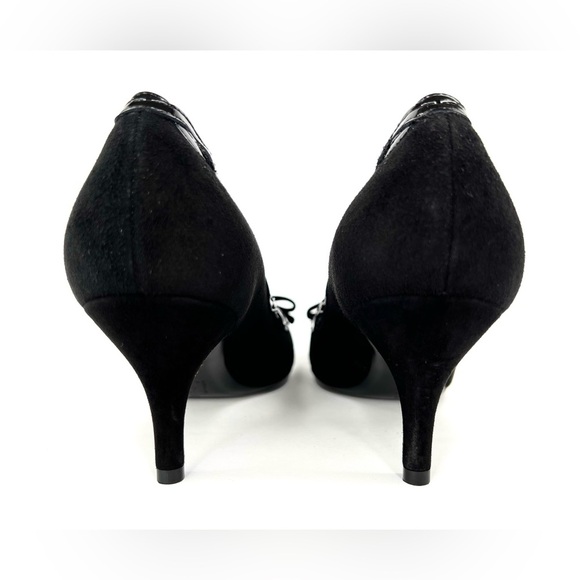 SALVATORE FERRAGAMO CARLA 70mm BLACK SUEDE WITH SCALLOPING TRIM BOW PUMPS SIZE 4 - Picture 5 of 10